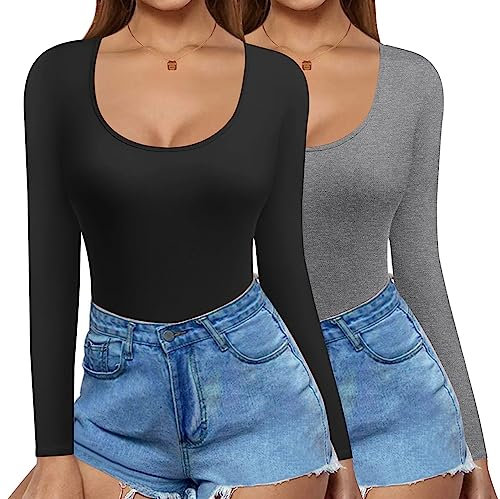 Ekouaer 2 Pack Long Sleeve Slim Fit T Shirt Thermal Tops Womens Scoop Neck Tops Shirts Basic Tight Tee, Black+Grey, M