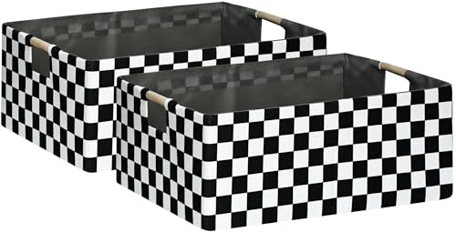Karierter Aufbewahrungskorb, faltbar, 42,9 cm, Aufbewahrungswürfel für Damen, Schrank-Organizer, Jungen, Auto, Spielzeugbehälter mit Griffen, stabiler Karton und waschbarer Stoff, 2 Stück