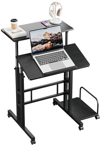 Dripex 60x60cm Stehpult Höhenverstellbar Schreibtisch, Mobiler Computertisch mit 4 Rollen, Steh-Sitz Tisch Laptoptisch neigbar Tischplatte, für Zuhause Büro, Schwarz