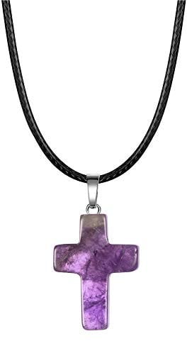 Natural Amethyst Crystal Necklace Cross Gemstone with Black Leather Cord Pendant Necklace Reiki Healing Crystal Necklace Chakra Jewelry Gift for Women Men