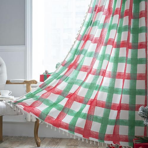 JTZYM 150 cm * 45-300 cm Tropfen Rot Grün Plaid Leinen Baumwolle Vorhänge Für Wohnzimmer Stange Tasche Typ Leinen Semi-Blackout Vorhänge
