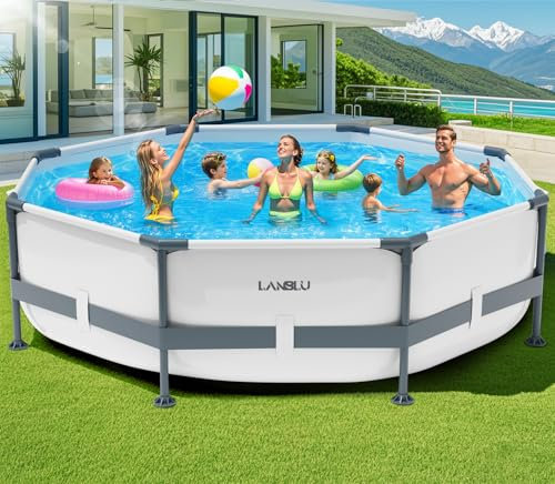 LanBlu Frame Pool 300 x 300 x 76cm Große, Stahlrahmen Pool Garten mit Pannensicheres Material, Family Pools Aufstellpools & Schwimmbecken Garten Schnelles Ablassen, Swimmingpool Rund für Ganze Familie