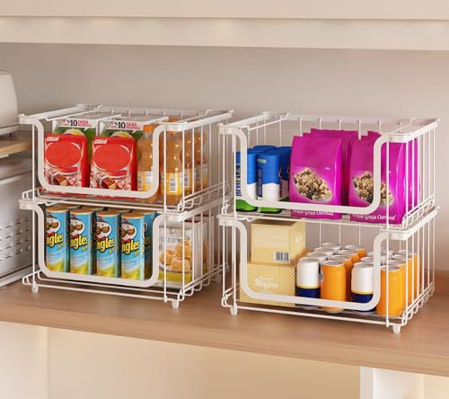 UMDONX 4 Piezas Fruteros de Cocina Metálica Cestas de Alambre Apilable 39,5x32,5x20cm Grande Cesta de Fruta con Asa Almacenamiento de Cocina para Frutas y Verduras(Blanco)