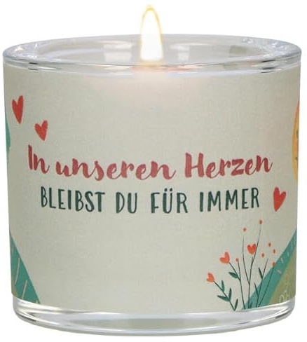 Butzon & Bercker Glaswindlicht zur Trauer Ø 6,5 cm – mundgeblasenes Windlicht mit farbig bedrucktem Pergamentumleger, Lieferung in grüner Geschenkverpackung mit weißem Teelicht: LichtMoment
