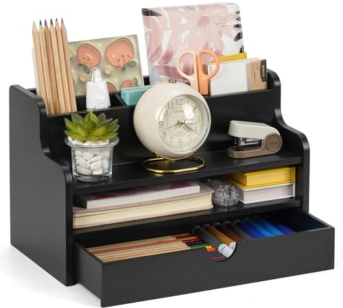 Optyuwah Schreibtisch Organizer aus Holz mit Schublade,Briefablage mit Schublade Schreibtischablage-Büro-Organisation,Ablage,Stiftehalter Dokumentenhalter,Postablage schwarz