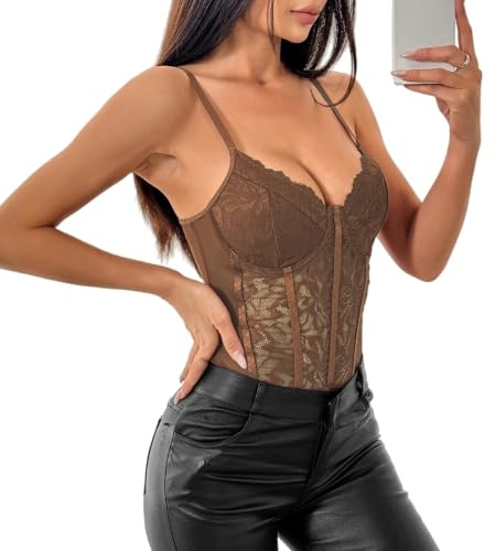 Lace Waist Push Up Bodysuit,Sexy Lace Mesh Bustier Spaghetti Strappy Cami Tops for Daily Clothing Matching,Cosplay