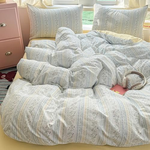 Nayoroom Bettwäsche Blumen 200x200 Blau Weiß Gestreift Renforcé Microfaser Bettwäsche-Sets Blumenmuster Wende Bettbezug mit Reißverschluss und 2 Kissenbezug 80x80 cm