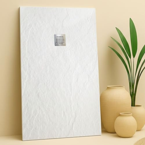 SOULBATH Plato de Ducha de Resina-Fibra Irrompible y Ultraligero - Textura Pizarra - BLANCO - 90x90- Extraplano - Incluye Válvula desagüe y Rejilla