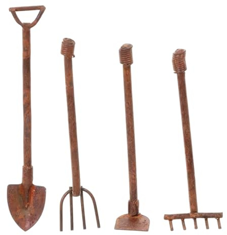 4 Pcs 1:12 Mini Rustic Garden Tools Set for Micro Landscape Decor | Durable resin with weathered rustic finish,ideal for terrariums, rockeries,bonsai and miniature decorative landscape displays