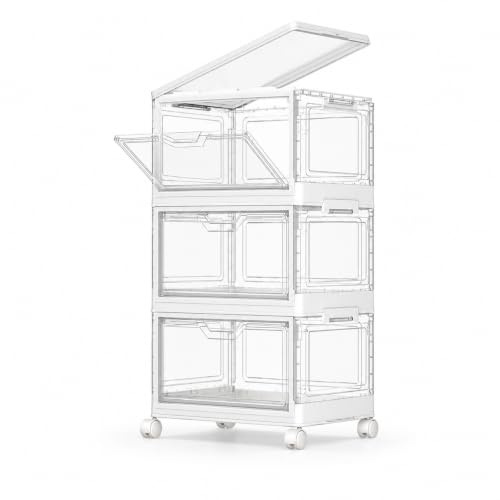 Minifactory Storage Boxes with Lid, 23L Clear Plastic Storage Box with Wheels & Front Door, Stackable and Foldable Organiser Box for Easy Kitchen, Bedroom, Office Organisation (3 Tiers)