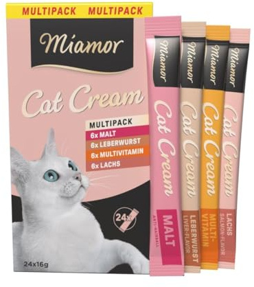 Miamor - Cat Snack (Cream) Multipack | Schmackhafter Snack zum Verwöhnen ausgewachsener Katzen. Ergänzungsfutter im Portionsbeutel ohne Zucker und künstliche Zusätze | 4x24x16g