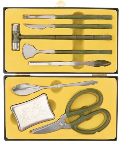 Gadpiparty Set di 8 Pezzi Strumenti per Mangiare Granchio in Acciaio Inossidabile Scatola in Legno e ABS per Sbucciare Gamberi e Aragoste, per Casa e Ristorante