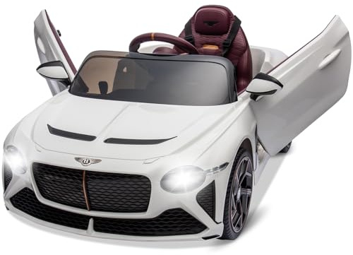 Kinder Elektroauto 12V - Liz. Bentley Kinderauto Mit Hydraulischen Türen, Fernbedienung Mit Notbremse & 3 Stufen, Soft-Start, LED, Musik, Bluetooth, USB, AUX, Hörgeschichten - Für 3-8 Jahre, Weiß