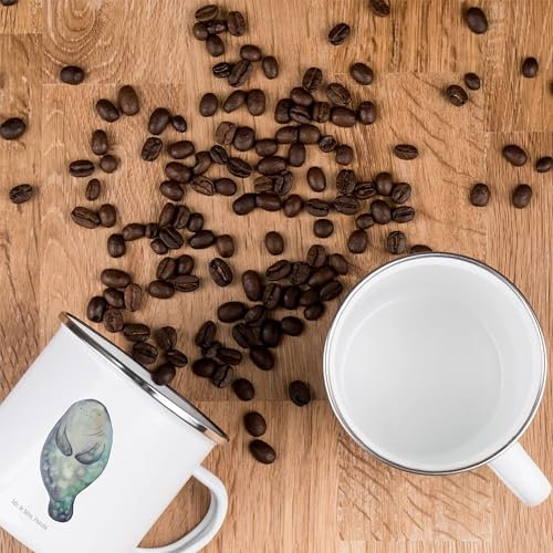 Mr. & Mrs. Panda Camping Emaille Tasse Seekuh Happy - Geschenk, Zufrieden, Edelstahl Trinkbecher, Urlaub, Meer, Emaille Campingbecher, Meerestiere,