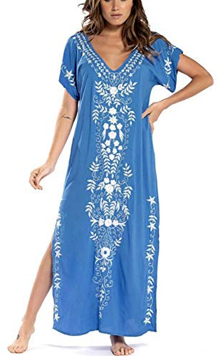 Bsubseach V Neck Caftan Swimsuit Cover Up for Women Short Sleeve Beach Swimwear Turkish Kaftan Blue