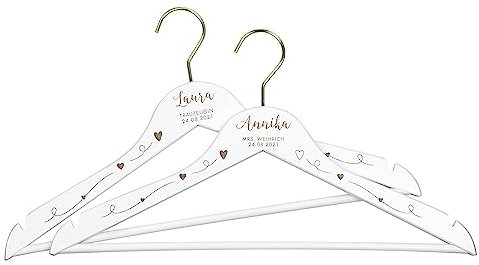 LAUBLUST 2er Kleiderbügel Set Hochzeit Personalisiert - Kleiderbügel Weiß Holz mit Herzen - ca. 44 cm - Serie: Willich