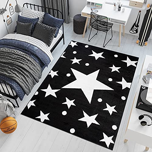 TAPISO Bali Teppich Kurzflor Modern Schwarz Weiß Sterne Design Wohnzimmer Schlafzimmer Kinderzimmer Kinderteppich ÖKOTEX 300 x 400 cm