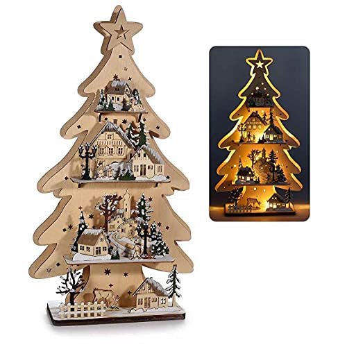 Albero di Natale da tavolo in legno con paesaggio invernale e luci led idea regalo decorazione Natalizia per casa e negozi
