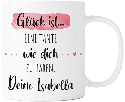Personalisierte Kaffee-Tasse (Glück ist...) mit eigenen Wunschname. Für die Beste Freundin, Opa, Oma, Mama, Papa. Schönes Geschenk oder kleine Aufmerksamkeit | Muttertag (Beste Tante, Weiß/Rosa)