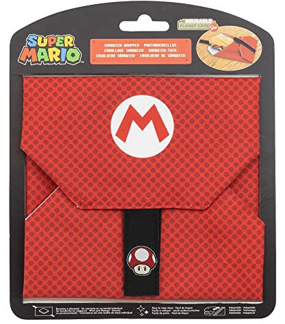 Porta merenda bimbi Super Mario Bross senza BPA, riutlizzabile, lavabile in lavatrice, trasformabile in tovaglia con chiusura in velcro.