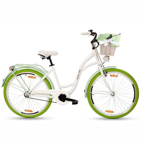 Goetze Style 26 Zoll Damen Citybike, 17 Zoll Tiefeinsteiger Rahmen, 3-Gang Nabenschaltung, Rücktrittbremse, LED-Beleuchtung, Gepäckträger, Komfortsattel, Schutzbleche, Rattankorb mit Stoffeinsatz!