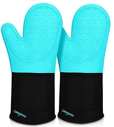 Sungwoo Extra lange Silikon-Ofenhandschuhe, langlebige, hitzebeständige Ofenhandschuhe mit gestepptem Innenfutter, rutschfest, strukturierter Griff, perfekt für Grillen, Backen, 37.8 cm, Türkis