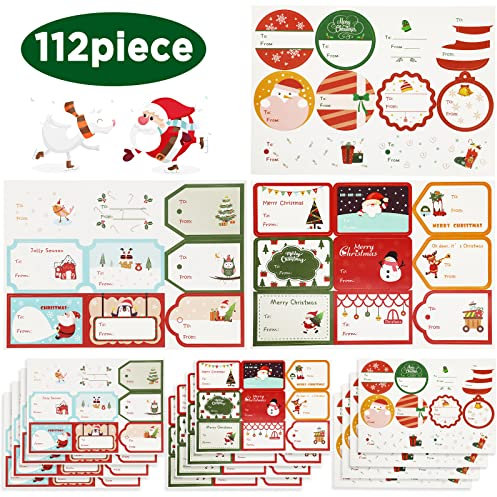 Hianjoo 112 Stück 12 Blätter Weihnachtsaufkleber Etiketten Selbstklebend zum Beschriften, Weihnachten Geschenkaufkleber Sticker für Scrapbooking, Weihnachtskarten, Adventskalender Selber Basteln
