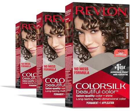 Revlon Permanent Hair Color, Permanent Brown Hair Dye, Colorsilk with 100% Gray Coverage, Ammonia-Free, Keratin and Amino Acids, Brown Shades (Pack of 3)