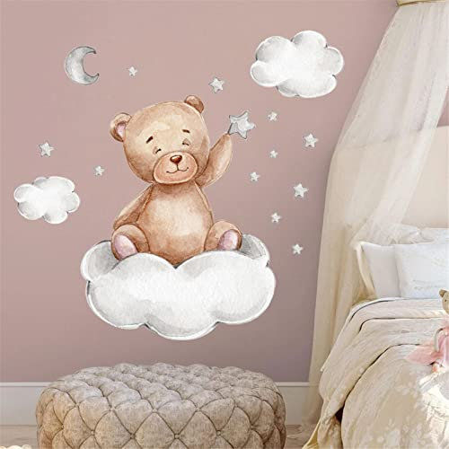Glücksvogel Kinderzimmer Deko Wandtattoo Bär mit Wolken Sterne Mädchen Junge Wandsticker Wandaufkleber für Spielzimmer Wanddeko Babyzimmer Wandbild Kinder (A, One Size)