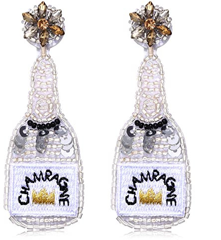 Beaded Champagne Bottle Earrings for Women Handmade Bead Champagne Drop Dangle Earring Statement Earring Studs for Birthday Holiday Parties Gifts, Plastic, crystal