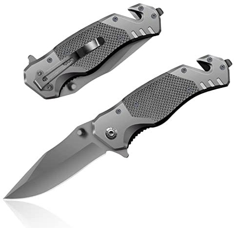 HONZIN Coltello pieghevole Coltello tascabile multiutensile 3 in 1 in acciaio inossidabile con taglierina per cintura di sicurezza, coltello da caccia, campeggio (manico G10)