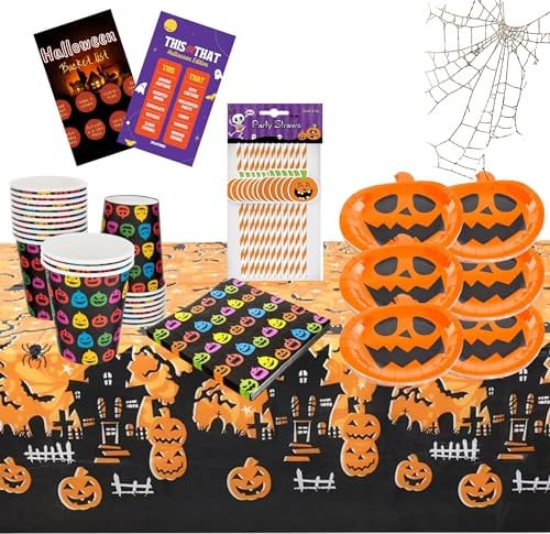 JOLAFUNBS Halloween Party Tableware Disposable Plates And Cutlery Set – 85 Pcs Of Halloween Party Plates, Paper Cups, Napkins, Halloween Paper Straw, Halloween Tablecloth & Halloween Game Cards.
