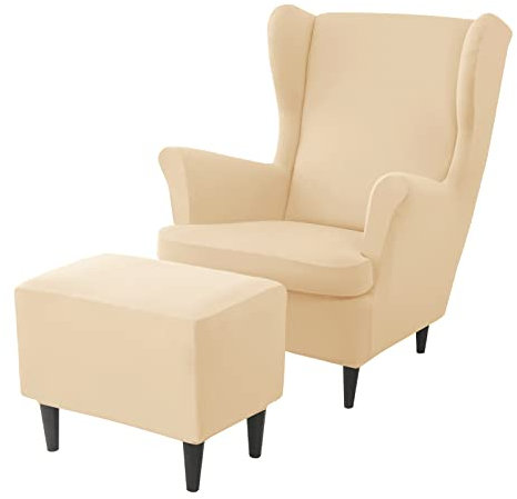JHLD Stretch Husse für Ohrensessel Mit Ottomane Schonbezug, Spandex Husse für Ohrensessel Mit Hockerbezug Mit elastischem Boden Ohrensessel Schonbezug -Beige A-3 Stück