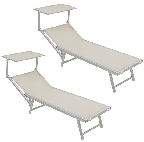 Baroni Home Set 2 Lettini Prendisole con Struttura in Alluminio e Tetto Parasole, Comodo e Resistente lettino da giardino, Spiaggia, Piscina Rivestito in Textilene, 60x190x35 Bianco