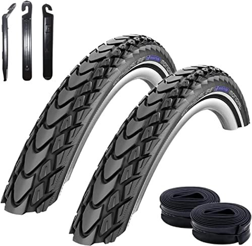 2 x Schwalbe Marathon Mondial Performance Fahrradreifen RaceGuard E-25 Fahrrad Mantel Decke 47-622 (28 x 1,75) + 2 x Schwalbe Schläuche SV17 inkl. Reifenheber