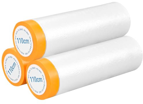 Cieex Abdeckfolie mit Klebeband, Abdeckfolie Maler Transparent 110cm*20M, Selbstklebende Malerfolie, Staubschutzfolie auf Rolle, Goldband Masker Tape und Malerkrepp zur Staubschutz(3 Rollen)