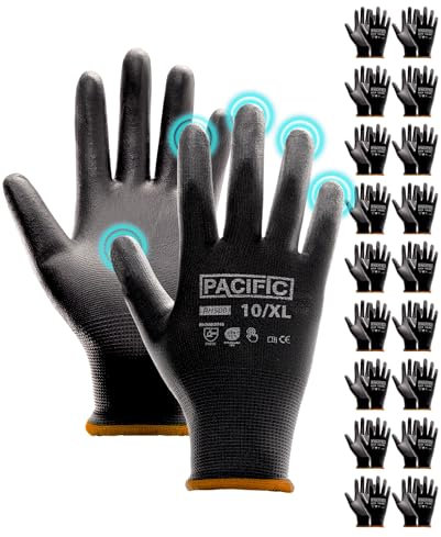 PACIFIC 18 Paare Schwarz Sicherheits-Arbeitshandschuhe – Rutschfeste PU-Beschichtung, Leicht & Atmungsaktive, Ideal für Allgemeine Arbeiten, Gartenarbeit, Arbeitshandschuhe Herren & Damen gr 10/XL