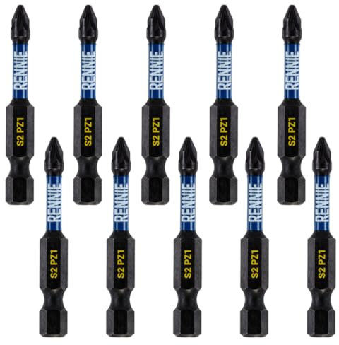 10 x Rennie Tools 50mm Long PZ1 Impact Screwdriver Driver Bits Set. Heavy Duty PoziDriv POZI No.1 Magnetic Screwdriver Bit Set. PZ1 Impact Driver Bits Pozidrive Screw Accessories.