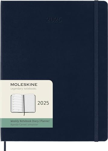 Moleskine Weekly Planner, WochenPlaner mit Platz für Notizen für 12 Monate 2025, Fester Einband und Elastischer Verschluss, Farbe SaphirBlau, Extra Großes Format 19x25 cm