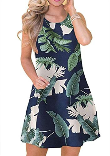 OMZIN Damen Strandkleid Sommer Ärmellos Taschen Casual Kleid Tee Shirt Kleid Kleid für Damen Blau XXXL