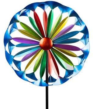 Buntes Windrad für den Garten aus Metall Windspiel Windmühle 120 cm Gartendeko Blumenstecker Taubenabwehr Vogelabwehr Durchmesser 30 cm Kugelgelagert groß XXL