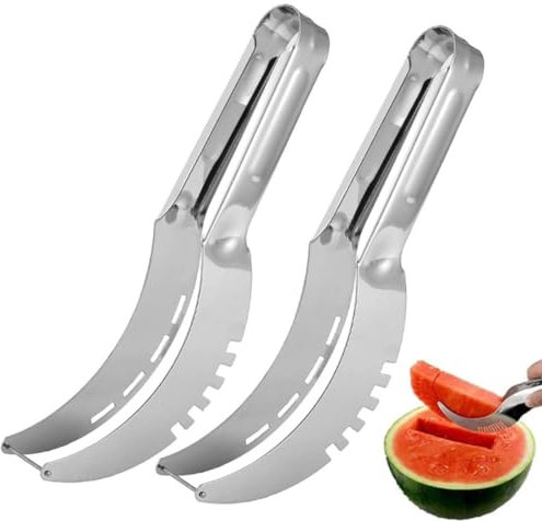 2Pcs Clip per Anguria in Acciaio Inossidabile,Affettatrice per Anguria,Coltello da Anguria,Taglierina Anguria,Taglia Cocomero con Lama da Taglio a Forma di Gancio,Coltello Affettare Frutta (Argento)