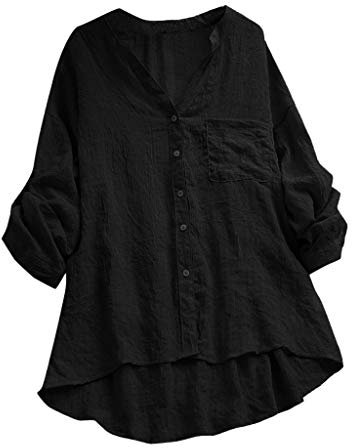 Angxiwan Home Must Haves Gadgets Damen T-Shirt Druck Hemden Roll Up Rundhals T-Shirts Geknöpfte Baumwolle mit Tasche Elegant Langarmshirt leinenblusen