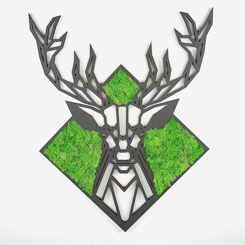 ebenkunst | Moosbild Hirsch mit Islandmoos - 1 cm dickes Wandbild - HDF schwarz - Wanddeko Wohnzimmer, Bilder Wohnzimmer, hochwertige Holz Deko made in Germany, Größe 69 x 55 cm