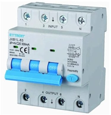 ETTROIT INTERRUTTORE MAGNETOTERMICO DIFFERENZIALE SALVAVITA PER BARRA DIN 4 MODULI 3P+N 380V 300mA 6KA (20A)