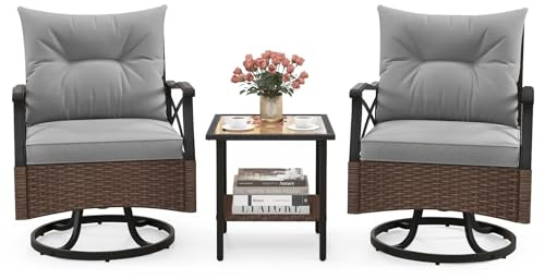 GYMAX 3-teiliges Terrassenmöbel Set, inkl. Rattan Schaukelstühle drehbar & Kaffeetisch, Gartensessel mit weichen Kissen, Gartenmöbel Set, Sitzgarnitur für Garten, Veranda & Pool