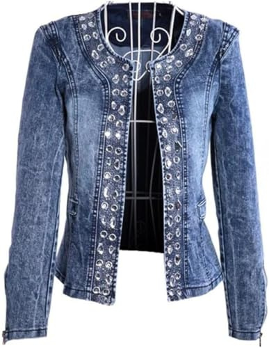 Langärmlige Jeansjacke für Damen Modetrend Leichte lässige Jeansjacke mit Rundhalsausschnitt Retro Jacke mit schmalen eleganten Strass Pailletten (Blau,L)