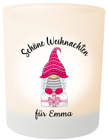 Weihnachts-Geschenk: Wichtel Teelichthalter personalisiert mit Namen – Teelichtglas Windlicht Weihnachtsdeko - Geschenk Weihnachten für Freunde Kollegen Familie (Schöne Weihnachten rosa Wichtel)