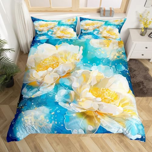 feelingyou Blue Yellow Flowers Bedding Set,Watercolor Floral Comforter Cover Set for Teens Women Room Decor,Flowers Painting Duvet Cover Breathable Garden Bedspread Cover Double Size(No Comforter)