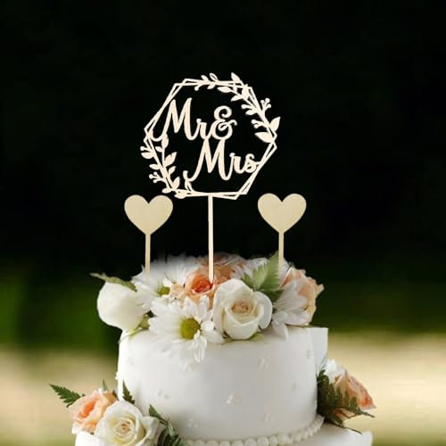 Hochzeitstorte Deko Holz Mr und Mrs Tortenstecker + 2 beschreibbare Herz Topper - Personalisiertes Kuchendekoration für Hochzeiten, Verlobungen und mehr